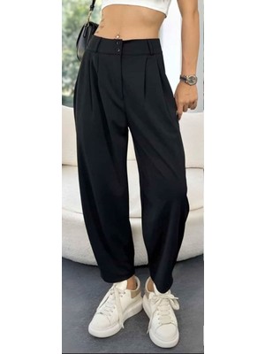 Edz Moda Kadın Siyah Düğmeli Cepli Şalvar Pantolon Premium