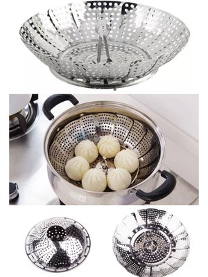 İndirim Kap 34 x 48 Paslanmaz Buharda Sebze Haşlama Sepeti Katlanabilir Tencere Içi Çelik