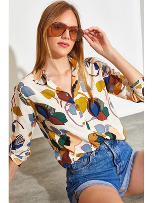 Shade Kadın Kol Katlamalı Desenli Viskon Gömlek