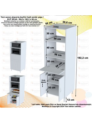 Modilayn ELİT SİLVA 59,6 x 192,2 x 56cm Geniş Derin Raf Mini Midi Mikrodalga Fırın Ekmeklik Dolabı