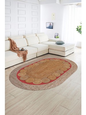 Napoli Home Dijital Kaymaz Yıkanabilir Jüt-Hasır Desen Oval Yolluk Mutfak Salon Halısı, N-O-Jüt-10-Kırmızı,