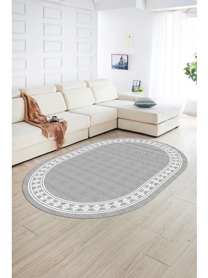 Napoli Home Dijital Kaymaz Yıkanabilir Jüt-Hasır Desen Oval Yolluk Mutfak Salon Halısı, N-O-Jüt-20-Gri,