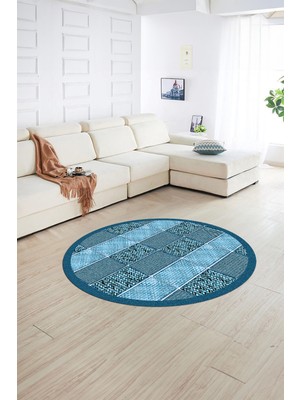 Napoli Home Dijital Kaymaz Yıkanabilir Jüt-Hasır Desen Yuvarlak Yolluk Mutfak Salon Halısı, N-Y-Jüt-02-Mavi,