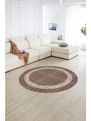 Napoli Home Dijital Kaymaz Yıkanabilir Jüt-Hasır Desen Yuvarlak Yolluk Mutfak Salon Halısı, N-Y-Jüt-04-Kahve,