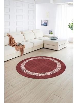 Napoli Home Dijital Kaymaz Yıkanabilir Jüt-Hasır Desen Yuvarlak Yolluk Mutfak Salon Halısı, N-Y-Jüt-04-Kırmızı,