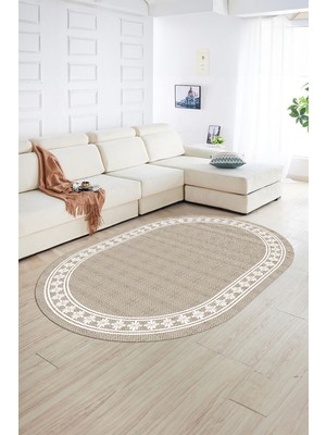 Napoli Home Dijital Kaymaz Yıkanabilir Jüt-Hasır Desen Oval Yolluk Mutfak Salon Halısı, N-O-Jüt-20-Krem,