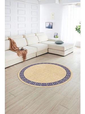 Napoli Home Dijital Kaymaz Yıkanabilir Jüt-Hasır Desen Yuvarlak Yolluk Mutfak Salon Halısı, N-Y-Jüt-09-Renkli,