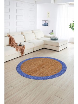 Napoli Home Dijital Kaymaz Yıkanabilir Jüt-Hasır Desen Yuvarlak Yolluk Mutfak Salon Halısı, N-Y-Jüt-17-Mavi,