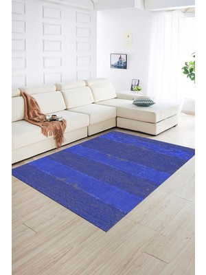 Napoli Home Dijital Baskılı Kaymaz Yıkanabilir Jüt-Hasır Desen Yolluk Mutfak Salon Halısı, N-Jüt-13-Mavi,