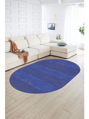 Napoli Home Dijital Kaymaz Yıkanabilir Jüt-Hasır Desen Oval Yolluk Mutfak Salon Halısı, N-O-Jüt-13-Mavi,