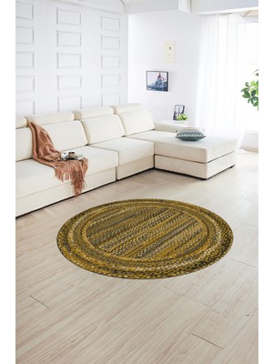 Napoli Home Dijital Kaymaz Yıkanabilir Jüt-Hasır Desen Yuvarlak Yolluk Mutfak Salon Halısı, N-Y-Jüt-05-Kahve,