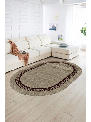 Napoli Home Dijital Kaymaz Yıkanabilir Jüt-Hasır Desen Oval Yolluk Mutfak Salon Halısı, N-O-Jüt-01-Bordo,