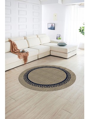 Napoli Home Dijital Kaymaz Yıkanabilir Jüt-Hasır Desen Yuvarlak Yolluk Mutfak Salon Halısı, N-Y-Jüt-01-Mavi,