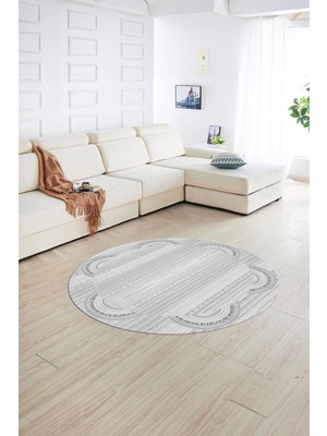 Napoli Home Dijital Kaymaz Yıkanabilir Jüt-Hasır Desen Yuvarlak Yolluk Mutfak Salon Halısı, N-Y-Jüt-08-Gri,