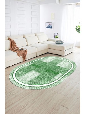 Napoli Home Dijital Kaymaz Yıkanabilir Jüt-Hasır Desen Oval Yolluk Mutfak Salon Halısı, N-O-Jüt-11-Yeşil,