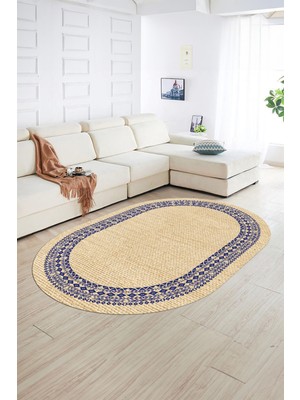 Napoli Home Dijital Kaymaz Yıkanabilir Jüt-Hasır Desen Oval Yolluk Mutfak Salon Halısı, N-O-Jüt-09-Renkli,