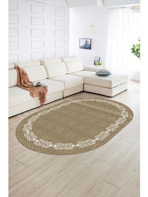Napoli Home Dijital Kaymaz Yıkanabilir Jüt-Hasır Desen Oval Yolluk Mutfak Salon Halısı, N-O-Jüt-14-Vizon,