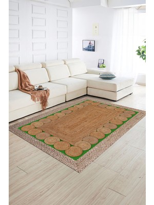Napoli Home Dijital Baskılı Kaymaz Yıkanabilir Jüt-Hasır Desen Yolluk Mutfak Salon Halısı, N-Jüt-10-Yeşil,