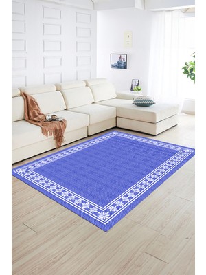 Napoli Home Dijital Baskılı Kaymaz Yıkanabilir Jüt-Hasır Desen Yolluk Mutfak Salon Halısı, N-Jüt-20-Mavi,