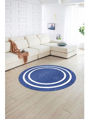 Napoli Home Dijital Kaymaz Yıkanabilir Jüt-Hasır Desen Yuvarlak Yolluk Mutfak Salon Halısı, N-Y-Jüt-12-Mavi,