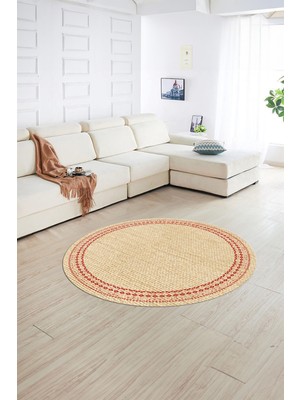 Napoli Home Dijital Kaymaz Yıkanabilir Jüt-Hasır Desen Yuvarlak Yolluk Mutfak Salon Halısı, N-Y-Jüt-09-Kırmızı,