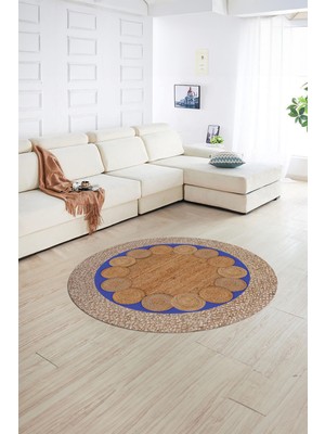 Napoli Home Dijital Kaymaz Yıkanabilir Jüt-Hasır Desen Yuvarlak Yolluk Mutfak Salon Halısı, N-Y-Jüt-10-Mavi,