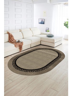 Napoli Home Dijital Kaymaz Yıkanabilir Jüt-Hasır Desen Oval Yolluk Mutfak Salon Halısı, N-O-Jüt-01-Siyah,