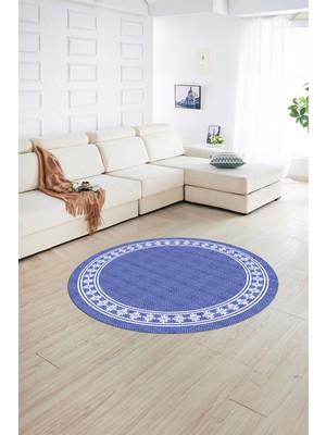 Napoli Home Dijital Kaymaz Yıkanabilir Jüt-Hasır Desen Yuvarlak Yolluk Mutfak Salon Halısı, N-Y-Jüt-20-Mavi,