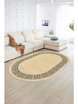 Napoli Home Dijital Kaymaz Yıkanabilir Jüt-Hasır Desen Oval Yolluk Mutfak Salon Halısı, N-O-Jüt-09-Krem,