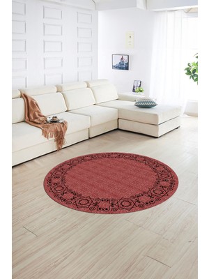 Napoli Home Dijital Kaymaz Yıkanabilir Jüt-Hasır Desen Yuvarlak Yolluk Mutfak Salon Halısı, N-Y-Jüt-19-Kırmızı,
