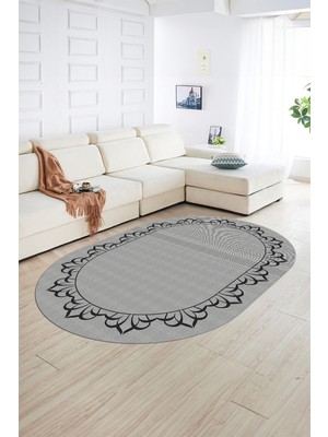 Napoli Home Dijital Kaymaz Yıkanabilir Jüt-Hasır Desen Oval Yolluk Mutfak Salon Halısı, N-O-Jüt-18-Gri,