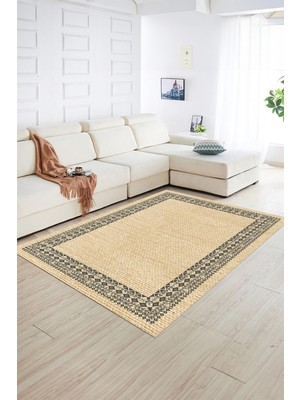 Napoli Home Dijital Baskılı Kaymaz Yıkanabilir Jüt-Hasır Desen Yolluk Mutfak Salon Halısı, N-Jüt-09-Krem,