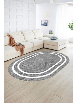 Napoli Home Dijital Kaymaz Yıkanabilir Jüt-Hasır Desen Oval Yolluk Mutfak Salon Halısı, N-O-Jüt-12-Gri,