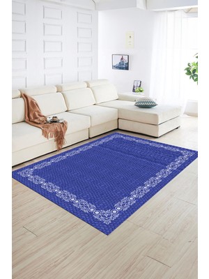 Napoli Home Dijital Baskılı Kaymaz Yıkanabilir Jüt-Hasır Desen Yolluk Mutfak Salon Halısı, N-Jüt-14-Mavi,