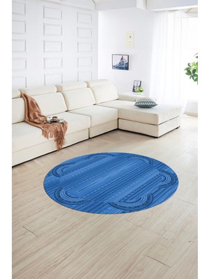Napoli Home Dijital Kaymaz Yıkanabilir Jüt-Hasır Desen Yuvarlak Yolluk Mutfak Salon Halısı, N-Y-Jüt-08-Mavi,