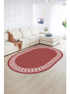 Napoli Home Dijital Kaymaz Yıkanabilir Jüt-Hasır Desen Oval Yolluk Mutfak Salon Halısı, N-O-Jüt-20-Kırmızı,