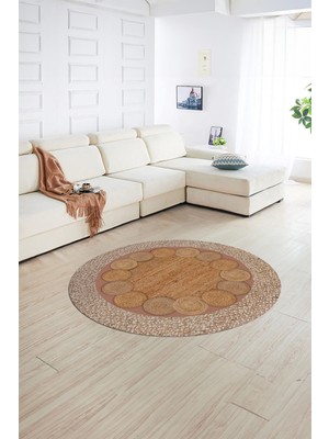 Napoli Home Dijital Kaymaz Yıkanabilir Jüt-Hasır Desen Yuvarlak Yolluk Mutfak Salon Halısı, N-Y-Jüt-10-Kahve,