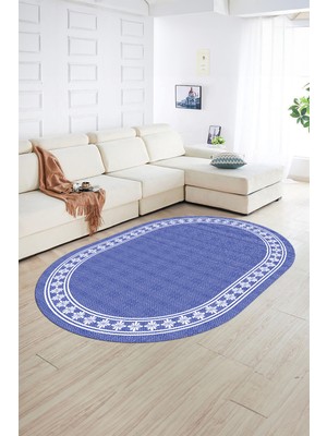 Napoli Home Dijital Kaymaz Yıkanabilir Jüt-Hasır Desen Oval Yolluk Mutfak Salon Halısı, N-O-Jüt-20-Mavi,