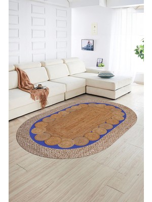 Napoli Home Dijital Kaymaz Yıkanabilir Jüt-Hasır Desen Oval Yolluk Mutfak Salon Halısı, N-O-Jüt-10-Mavi,