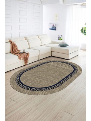 Napoli Home Dijital Kaymaz Yıkanabilir Jüt-Hasır Desen Oval Yolluk Mutfak Salon Halısı, N-O-Jüt-01-Mavi,