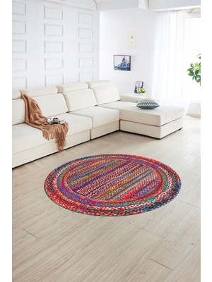 Napoli Home Dijital Kaymaz Yıkanabilir Jüt-Hasır Desen Yuvarlak Yolluk Mutfak Salon Halısı, N-Y-Jüt-05-Renkli,