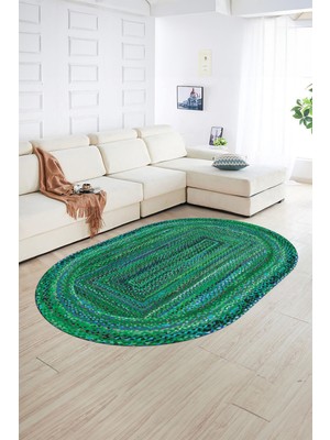 Napoli Home Dijital Kaymaz Yıkanabilir Jüt-Hasır Desen Oval Yolluk Mutfak Salon Halısı, N-O-Jüt-05-Yeşil,