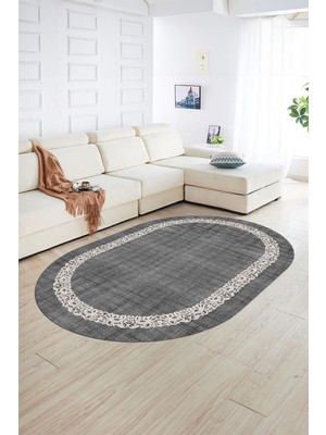 Napoli Home Dijital Kaymaz Yıkanabilir Jüt-Hasır Desen Oval Yolluk Mutfak Salon Halısı, N-O-Jüt-04-Gri,
