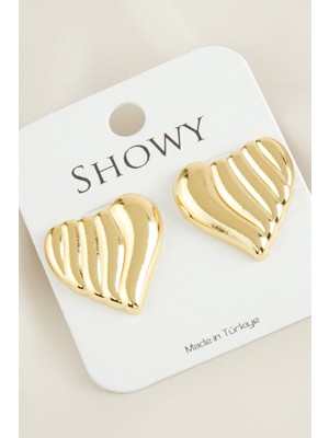 Feryal Kalp Çizgili Yeni Sezon Metal Küpe