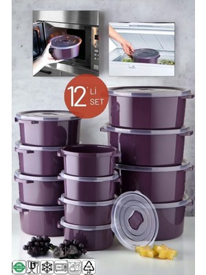 Mila Home Life Mikrodalga ve Difrizde Kullanılabilen Saklama Kabı Seti Yuvarlak 12'li Mürdüm