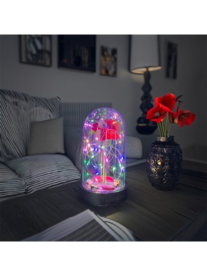 Artistix Sevgiliye Hediye Kırmızı Gül Rgb Peri LED Işıklı Aşk Fanusu Lamba Usb'li Yapay Çiçek Dekoratif Aydınlatma Hediyelik