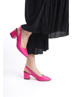 Yasemin Ayakkabı Fleur Pembe Fuşya Arkası Açık Tokalı 6 cm Kalın Topuk Ayakkabı