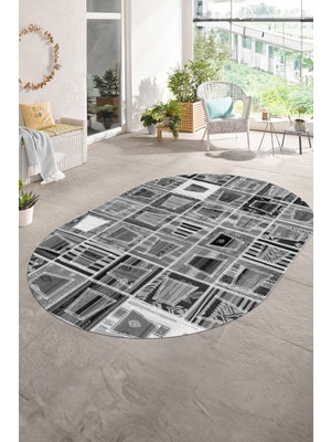 Napoli Home Dijital Kaymaz Yıkanabilir Patchwork Oval Yolluk Mutfak Salon Halısı, N-O-Patchwork-11-Gri,