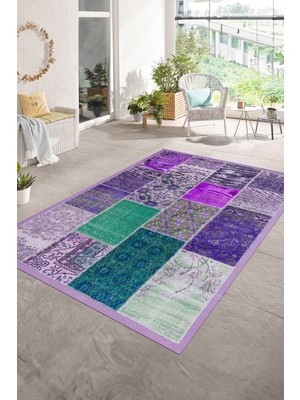 Napoli Home Dijital Baskı Kaymaz Taban Yıkanabilir Patchwork Yolluk Mutfak Salon Halısı, N-Patchwork-01-Mor,
