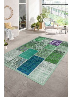 Napoli Home Dijital Baskı Kaymaz Taban Yıkanabilir Patchwork Yolluk Mutfak Salon Halısı, N-Patchwork-01-Yeşil,
